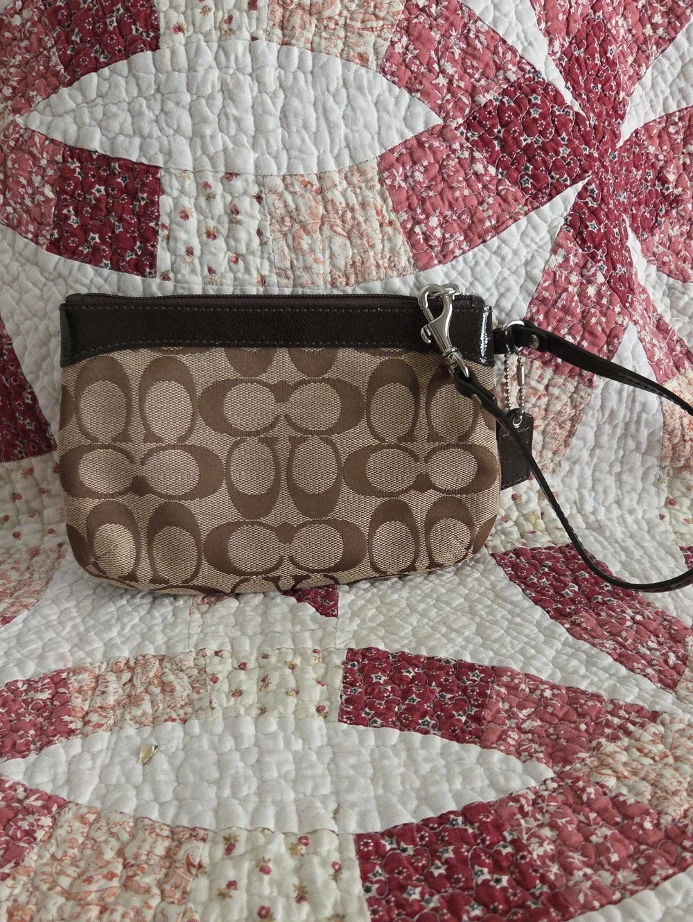 Coach Tan and Brown Signature Canvas Wristlet